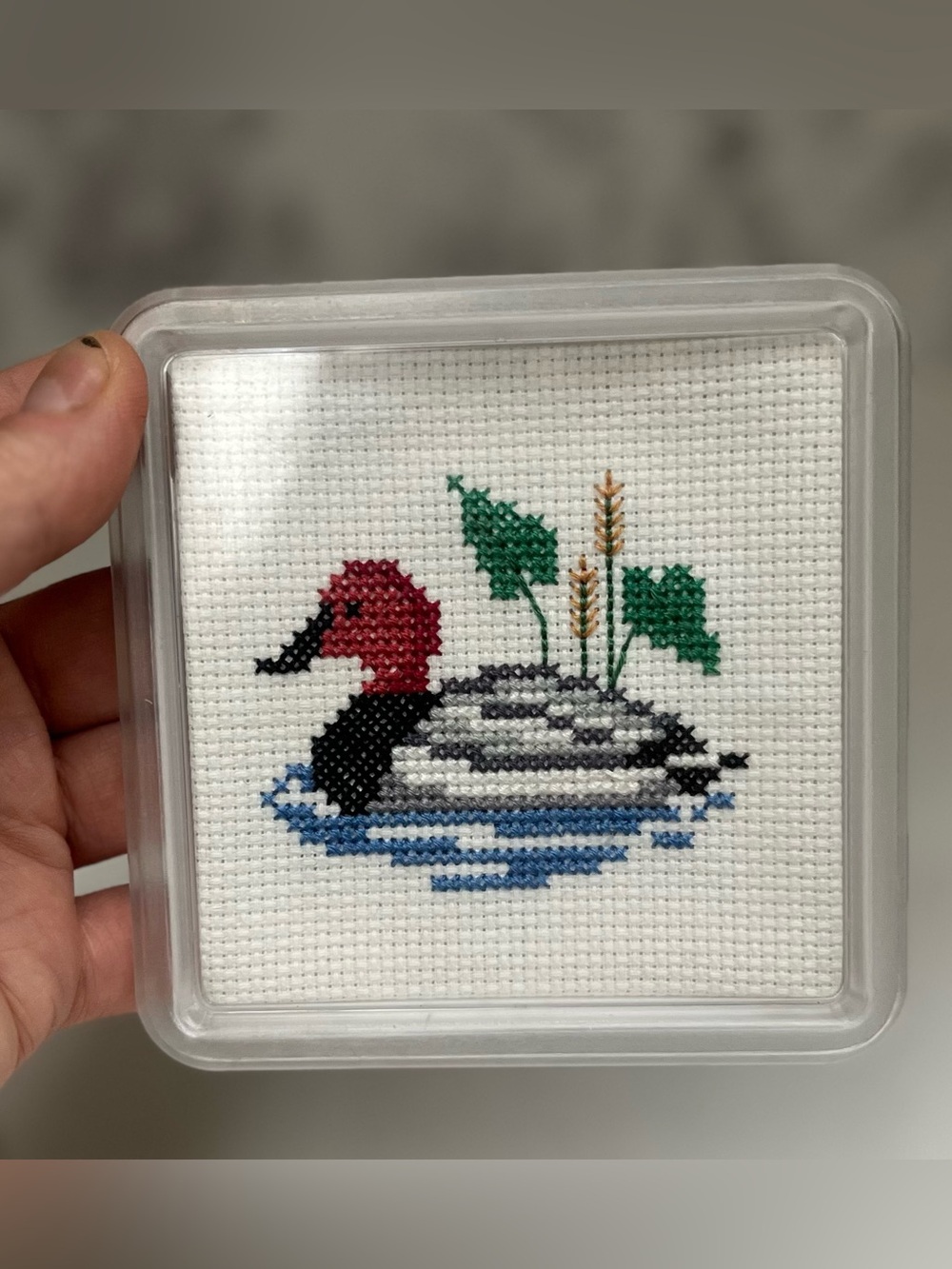 Vintage Duck Cross Stitch Coasters Set of 4, Finished Waterfowl Needlepoint
